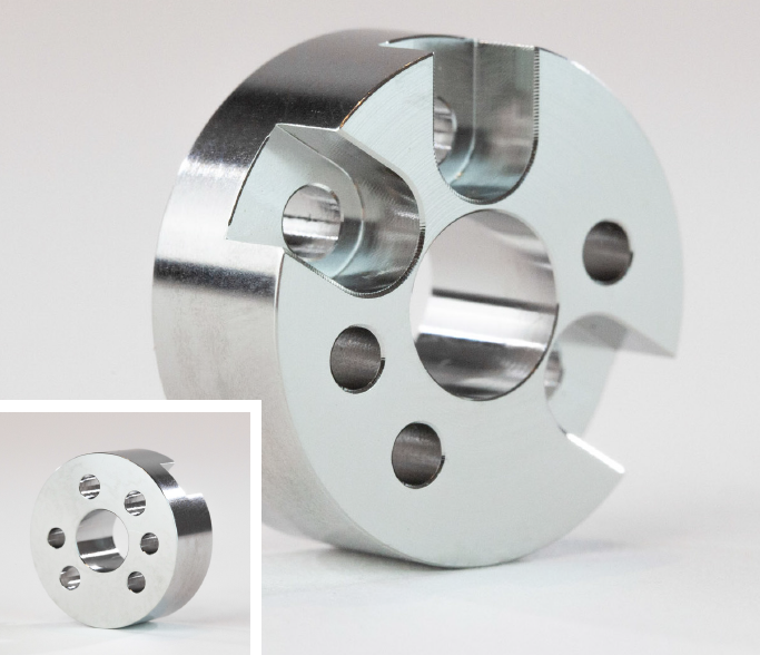 A circular metal part with holes drilled in it, finished using electropolishing